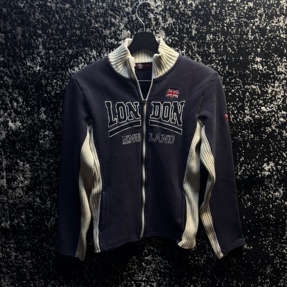 G-Crown Sweaters - G-Crown London England Y2K Zip Up Sweater Navy Blue Ribbed Fleece XL Womens